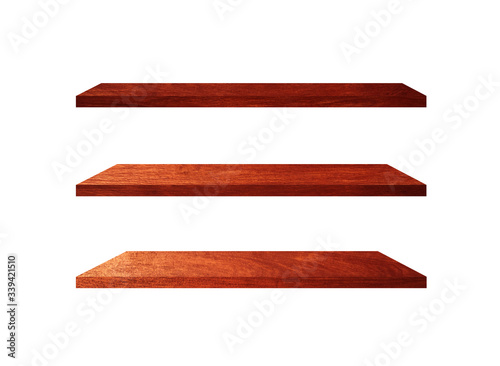 3 Retro wood shelves isolated on white background with copy space and clipping path for work