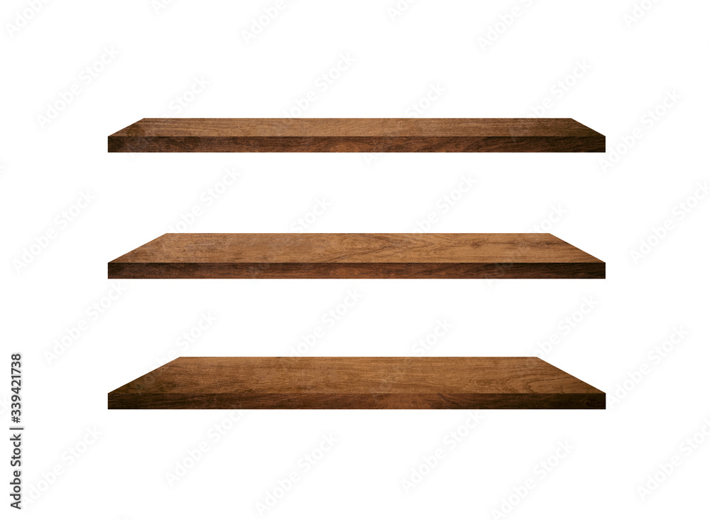 Group of old wood shelves isolated on white background with copy space and clipping path for work. Used for display or montage your products, top view Group of old wood shelves isolated on white background with copy space and clipping path for work. Used for display or montage your products, top view