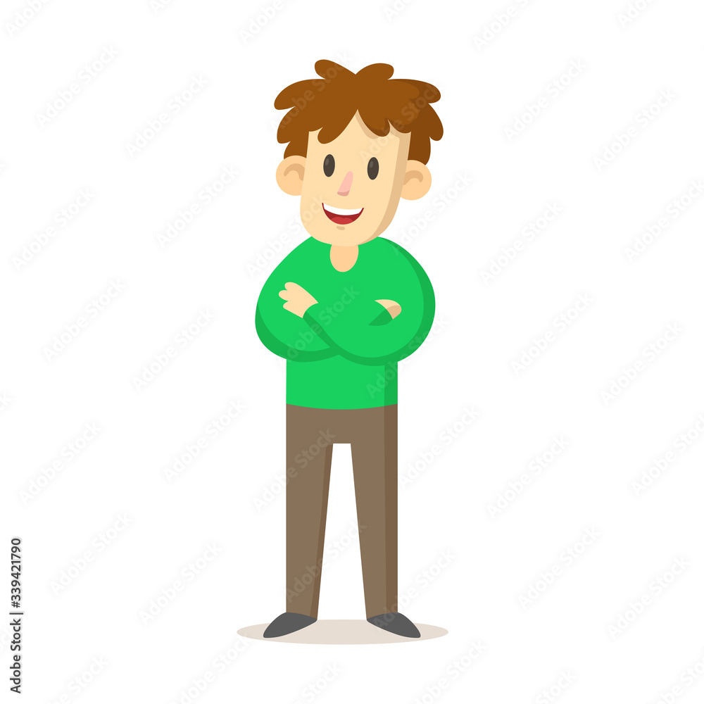 Smiling young man wearing green sweater standing with his arms crossed, cartoon character design. Colorful flat vector illustration, isolated on white background. Smiling young man wearing green sweater standing with his arms crossed, cartoon character design. Colorful flat vector illustration, isolated on white background.
