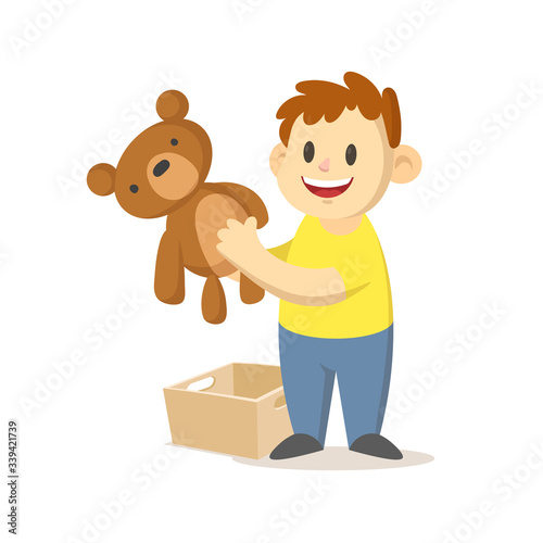 Happy smiling boy holding a teddy bear toy, cartoon character design. Colorful flat vector illustration, isolated on white background.