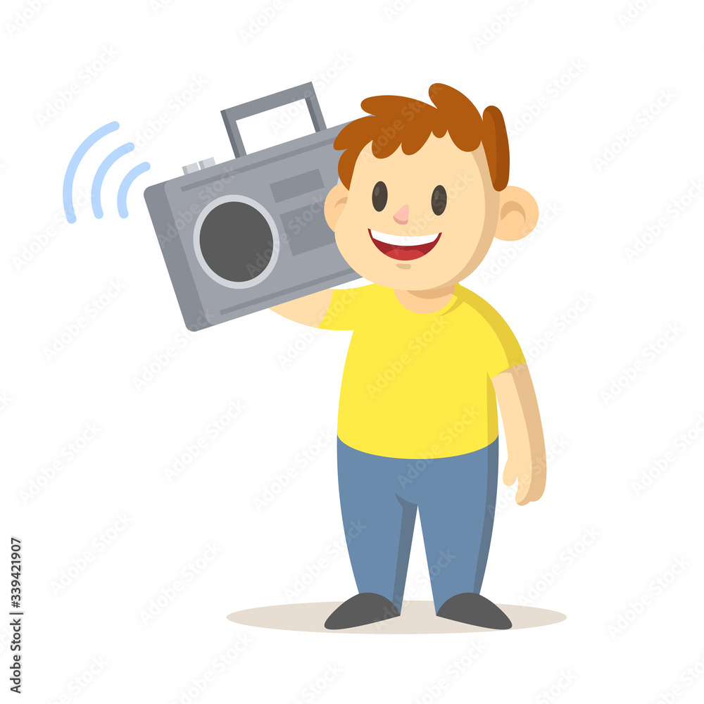 Smiling boy standing a tape recorder in his shoulder, cartoon character design. Colorful flat vector illustration, isolated on white background. Smiling boy standing a tape recorder in his shoulder, cartoon character design. Colorful flat vector illustration, isolated on white background.