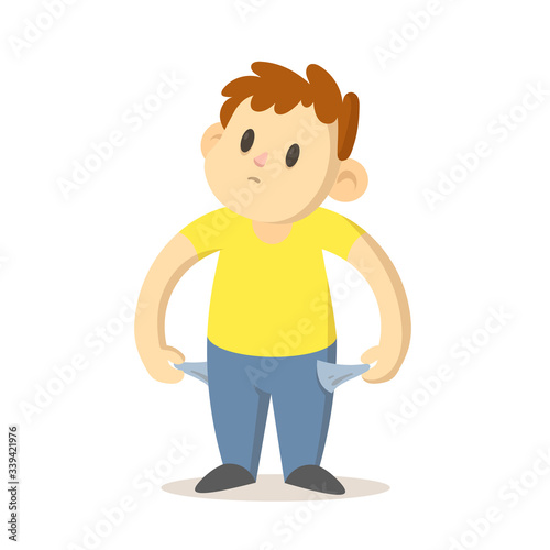 Smiling boy showing his empty pockets, poor, broke young man. Cartoon character design. Colorful flat vector illustration, isolated on white background.
