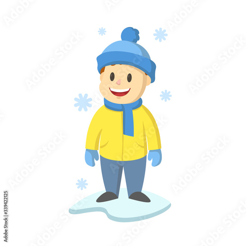 Smiling boy in winter hat standing under the snow  cartoon character design. Colorful flat vector illustration  isolated on white background.
