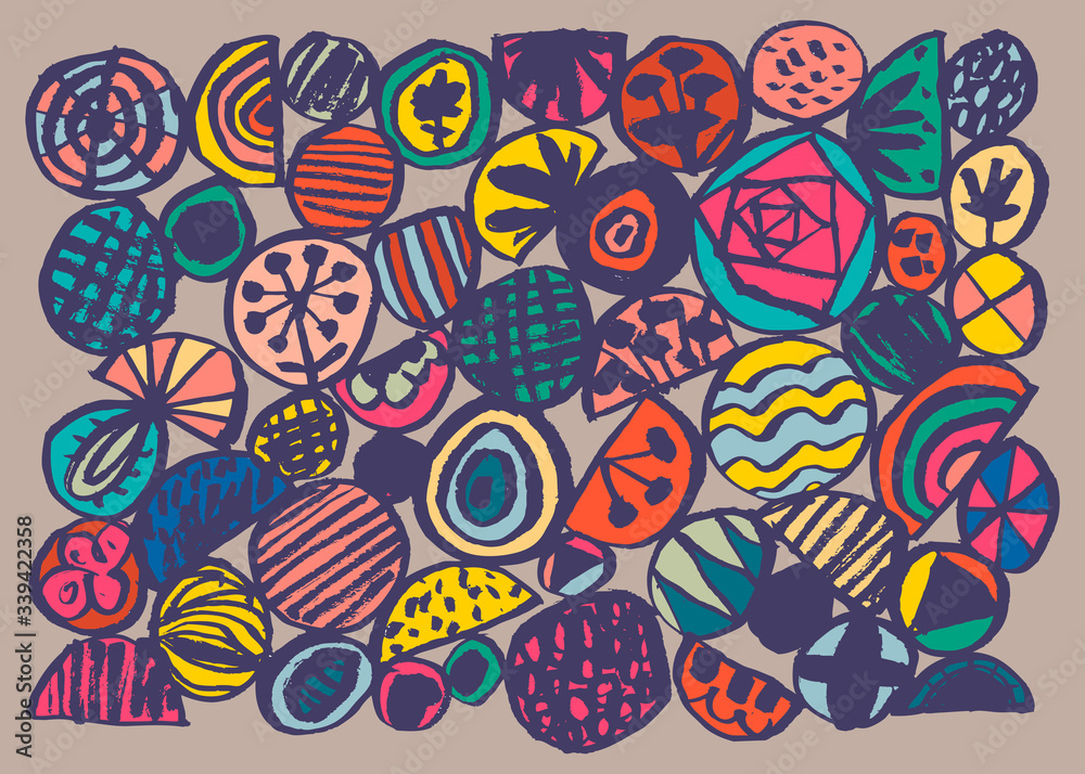 Image of circles, semicircles with stylized plants. Color vector illustration. Can be used in social networks, for articles, publications, postcards, print, poster, sticker, on a T-shirt. Image of circles, semicircles with stylized plants. Color vector illustration. Can be used in social networks, for articles, publications, postcards, print, poster, sticker, on a T-shirt.