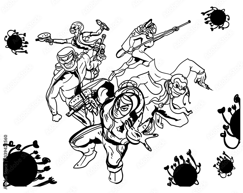 Fototapeta premium Covid-19 doctor superheroes are fighting corona virus pandemic monster to protect a patient.Doctor in PPE suit fighting with COVID monster.