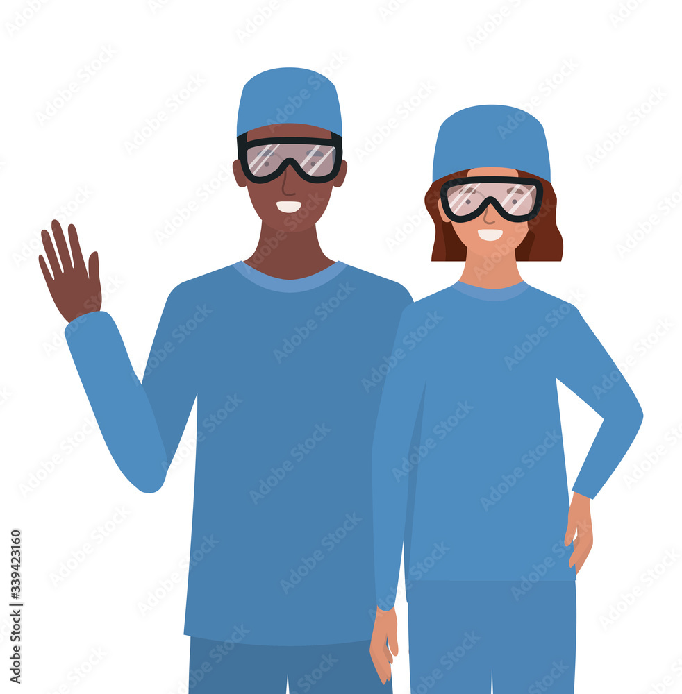 Man and woman doctor with uniforms and glasses vector design Man and woman doctor with uniforms and glasses vector design