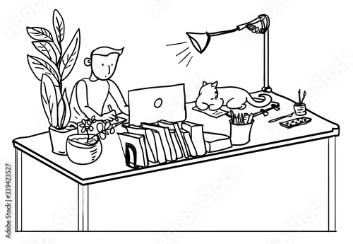 A man work from home in crisis of Corona Virus COVID-19.Illustration design people save at home.A man with cat work on desk.