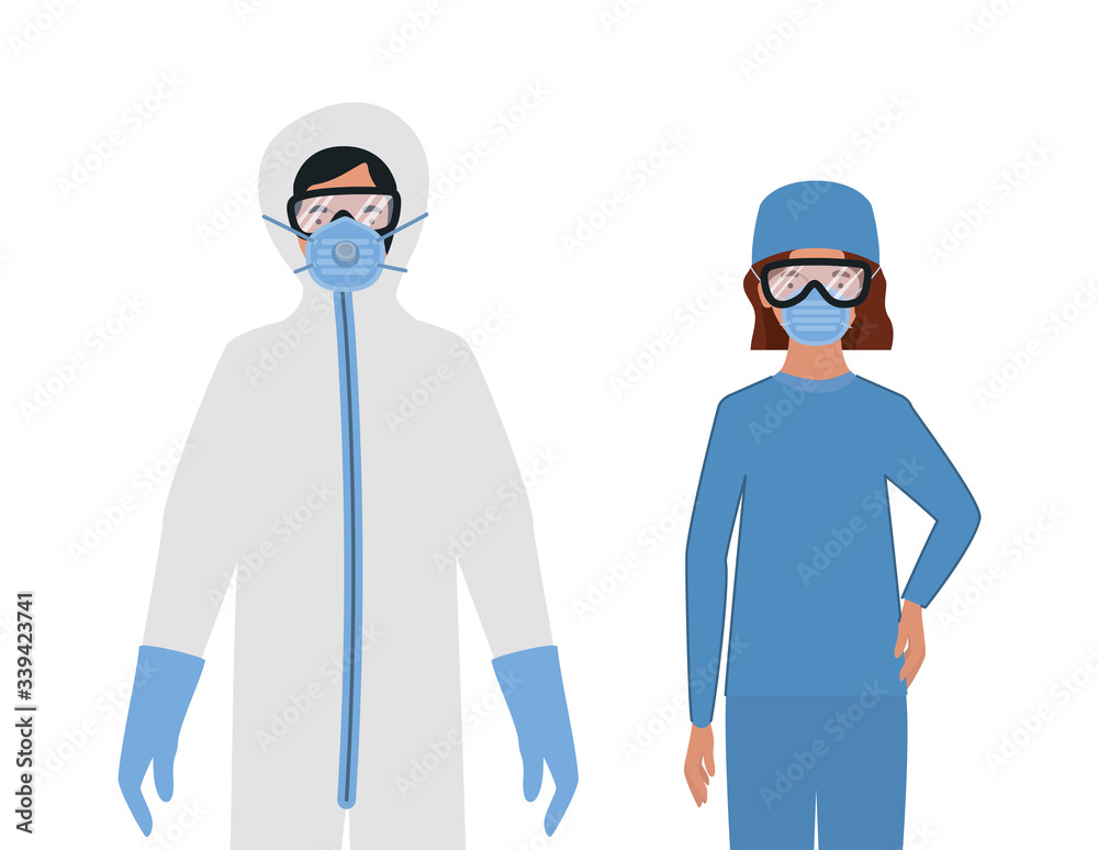 Doctors with protective suits glasses and masks against Covid 19 vector design Doctors with protective suits glasses and masks against Covid 19 vector design