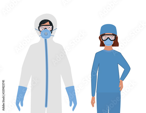 Doctors with protective suits glasses and masks against Covid 19 vector design