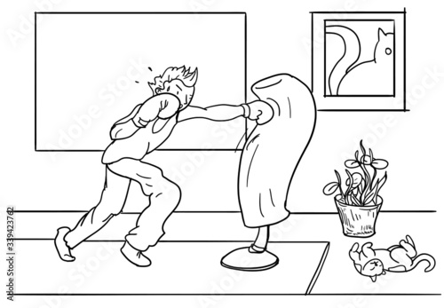 A man work from home in crisis of Corona Virus COVID-19.Illustration design people save at home.A man boxing cadio.