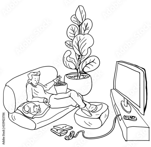 A man work from home in crisis of Corona Virus COVID-19.Illustration design people save at home.A man with cat watching TV.