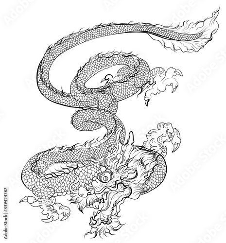 Hand drawn Silhouette dragon.Chinese dragon tattoo.Black and white ...