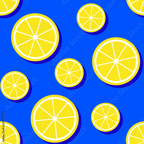 Seamless pattern with lemon slices on blue background. Vector illustration.