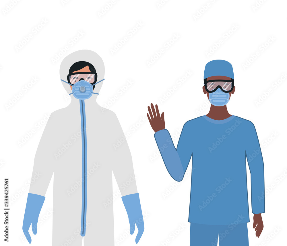 Doctors with protective suits glasses and masks against Covid 19 vector design Doctors with protective suits glasses and masks against Covid 19 vector design