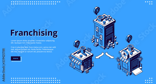 Franchising isometric landing page. Franchise business branch expansion. Small enterprise, company, shop, retail store or service with home office, corporate headquarter, 3d vector line art web banner
