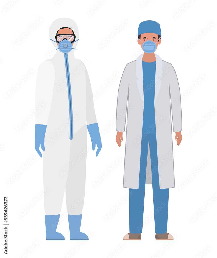 Doctors with protective suits glasses and masks against Covid 19 vector design Doctors with protective suits glasses and masks against Covid 19 vector design