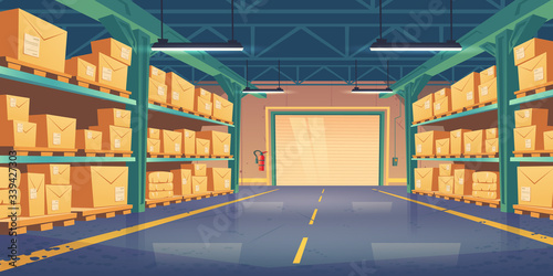 Warehouse interior, logistics, cargo and goods delivery postal service. Storehouse with rolling shatter gates and racks with parcels boxes on palettes perspective view, Cartoon vector illustration