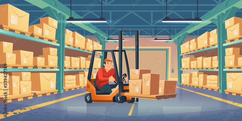 Warehouse with worker, forklift and cardboard boxes on metal racks ...
