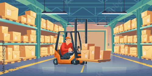 Warehouse with worker, forklift and cardboard boxes on metal racks. Vector cartoon interior of storage room with goods on shelves, lift truck with driver. Storehouse in store, factory, market