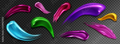 Cosmetic swatches, smudges of liquid gloss for makeup palette isolated on transparent background. Vector realistic mockup of bright colored smears of acrylic paint or nail polish