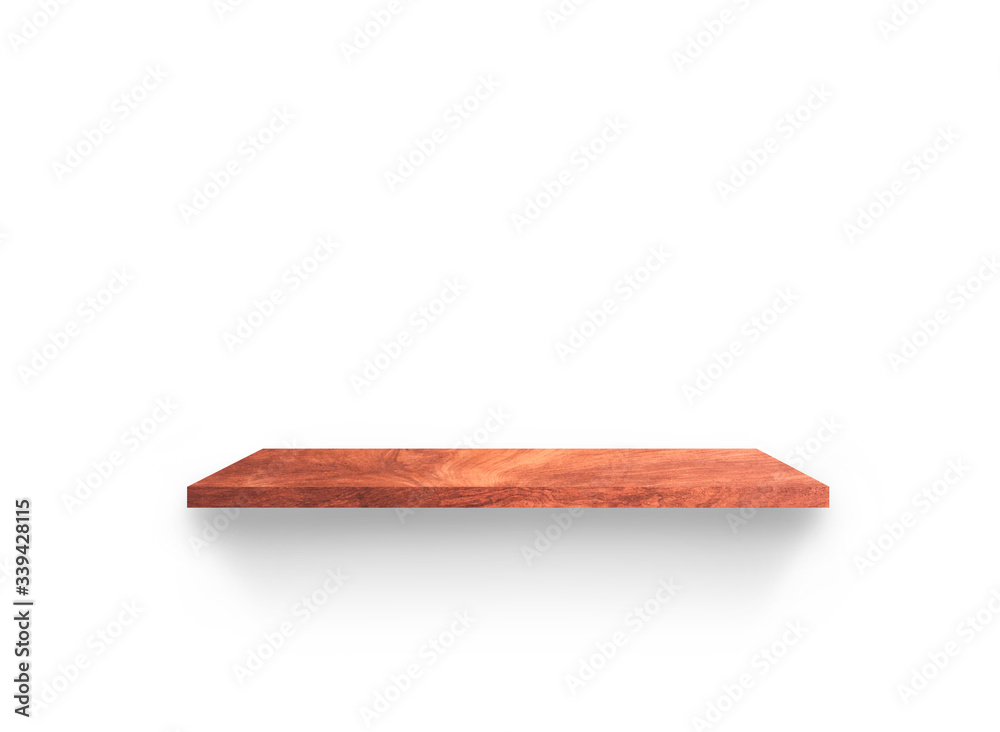 Empty wooden shelf isolated on white background for design with clipping path Empty wooden shelf isolated on white background for design with clipping path