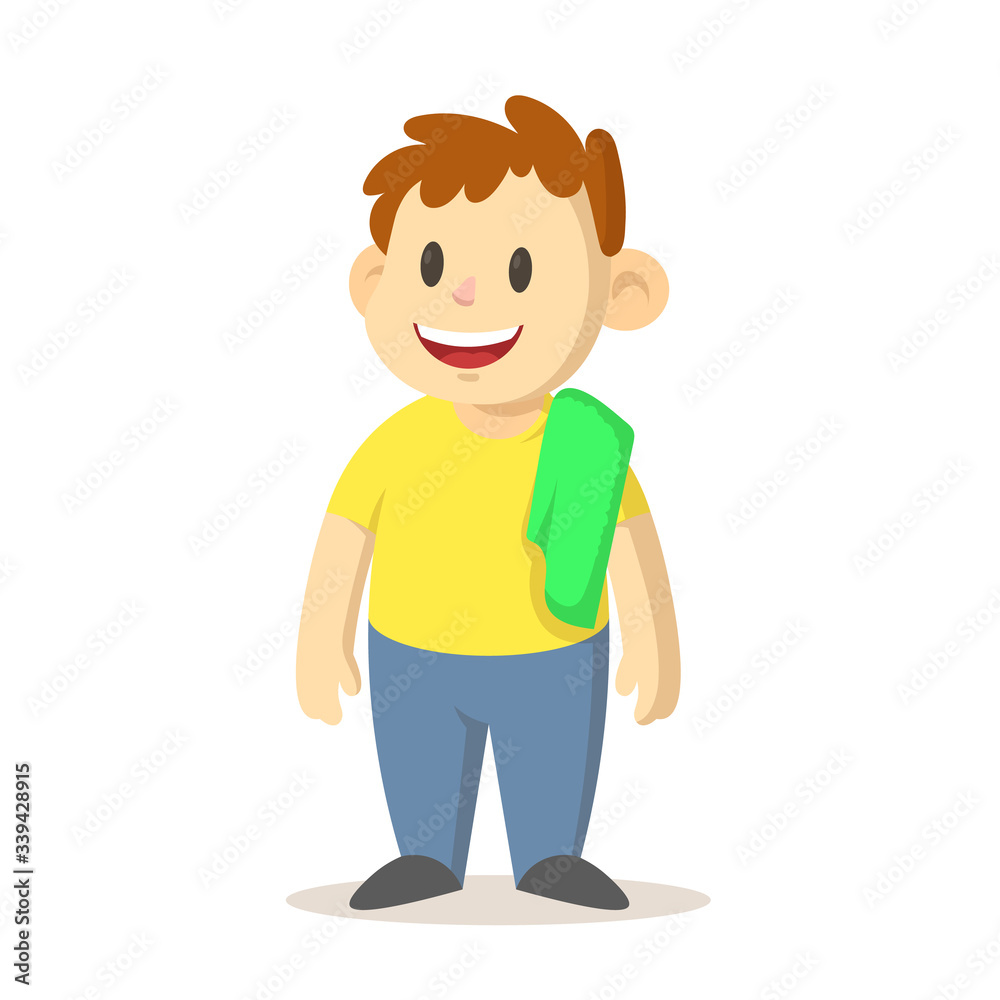 Smiling boy with a green towel over his shoulder, cartoon character design. Colorful flat vector illustration, isolated on white background.