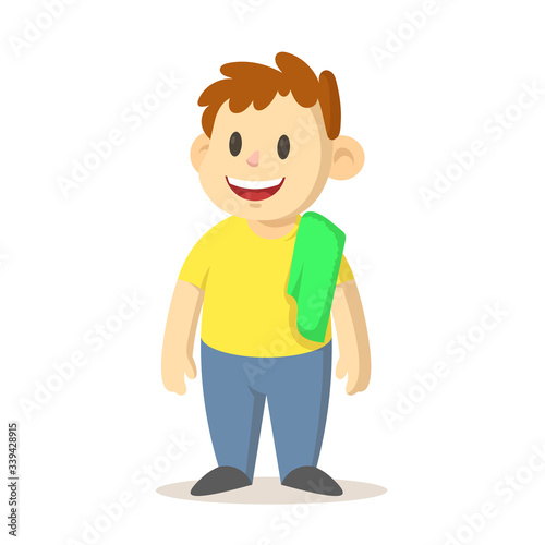 Smiling boy with a green towel over his shoulder, cartoon character design. Colorful flat vector illustration, isolated on white background.