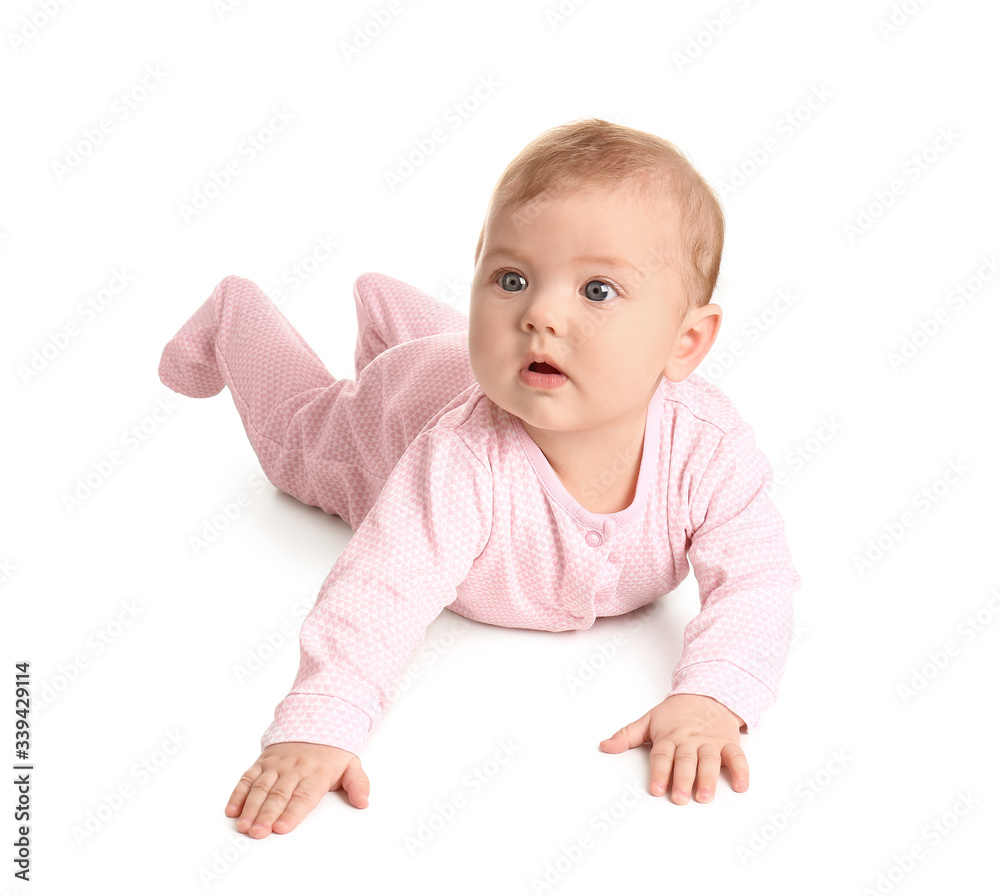 Cute baby in stylish clothes on white background Cute baby in stylish clothes on white background
