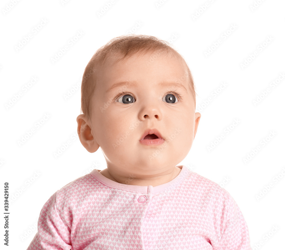 Cute baby in stylish clothes on white background Cute baby in stylish clothes on white background