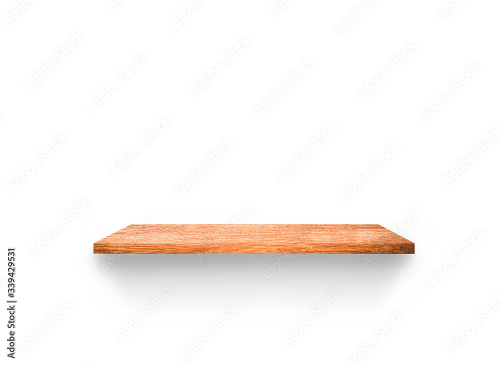 Brown wood shelf isolated on white background with clipping path for your product placement or montage