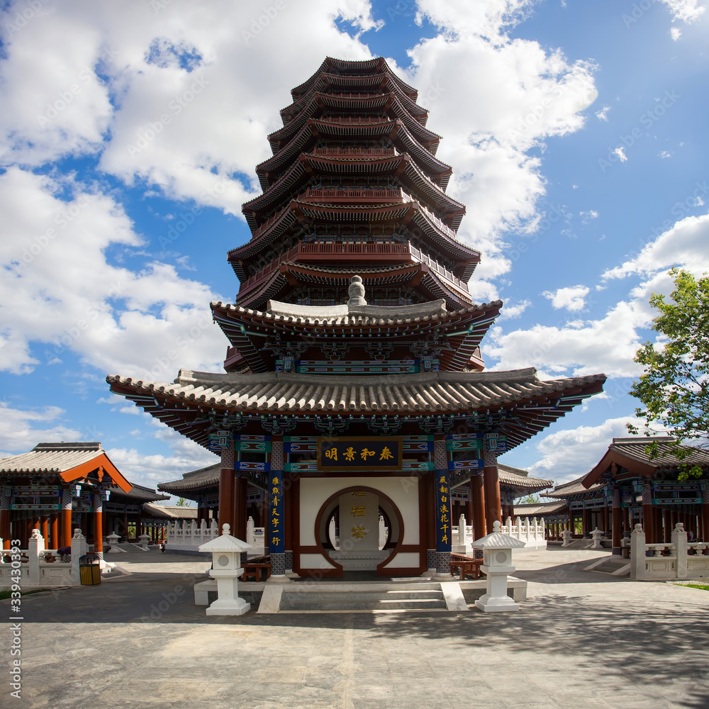 Chinese traditional architecture. High pagoda in the mountains.