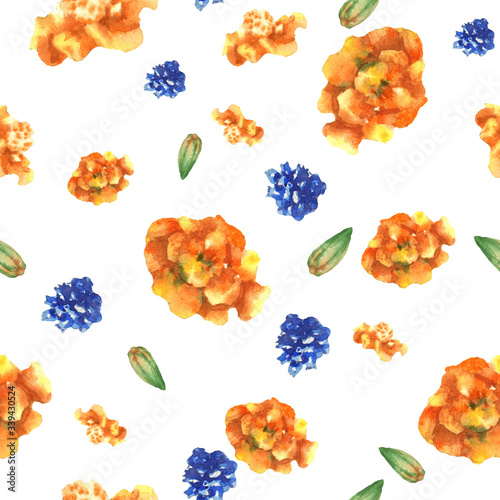 Fototapeta Naklejka Na Ścianę i Meble -  Floral seamless pattern from watercolor botanical illustrations of the flowers of marigold, black-browed, Tagetes erecta. Possible uses: printing on fabric, paper, backgrounds