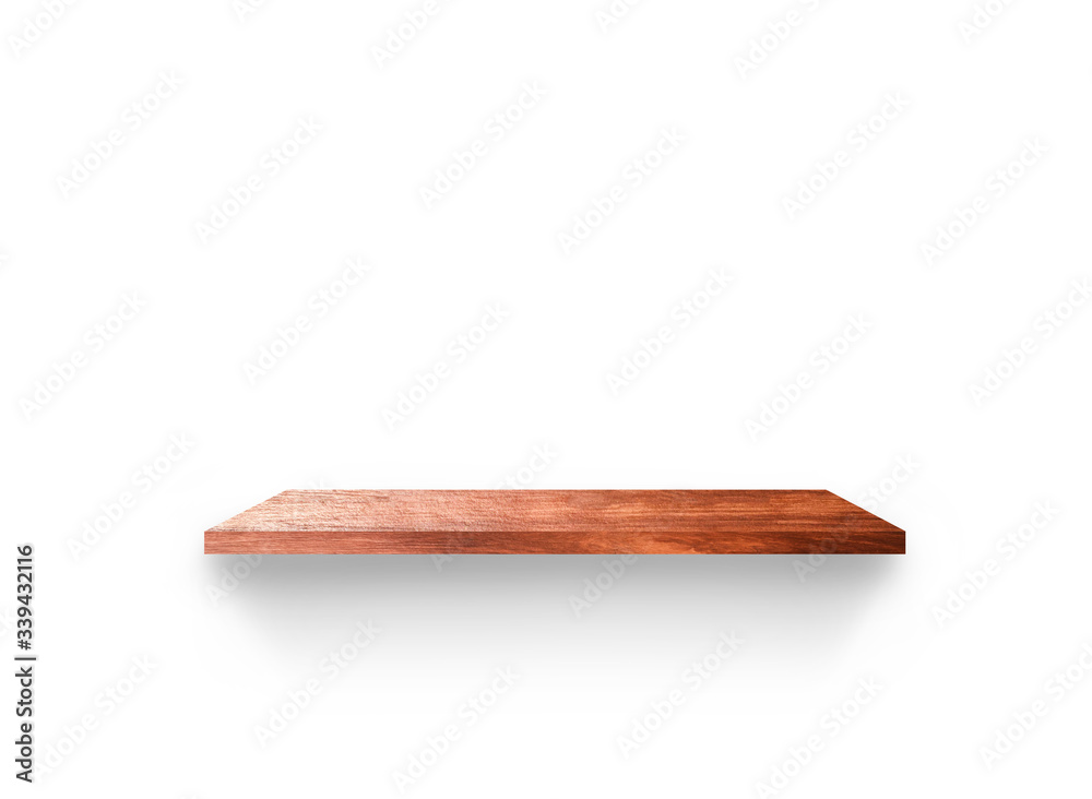 Light wooden shelves isolated on white background with clipping path for your product placement or montage