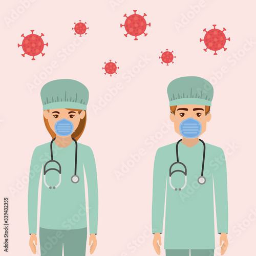 Woman and man doctors with masks and uniforms against 2019 ncov virus vector design