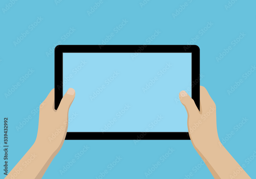Cartoon illustration of hands holding a tablet with blank screen and space for your business text. Isolated on colored background, vector Cartoon illustration of hands holding a tablet with blank screen and space for your business text. Isolated on colored background, vector