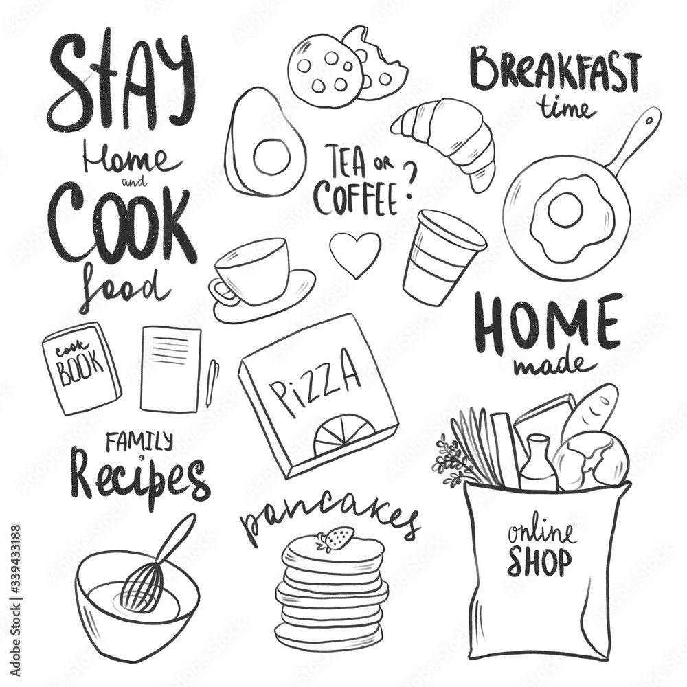 Lettering Stay home and cook, Cute hand draw doodle illustrations, Stay home sketch and lettering, Self-isolation stickers, Procreate sketch, Raster illustration, Isolated on white Lettering Stay home and cook, Cute hand draw doodle illustrations, Stay home sketch and lettering, Self-isolation stickers, Procreate sketch, Raster illustration, Isolated on white