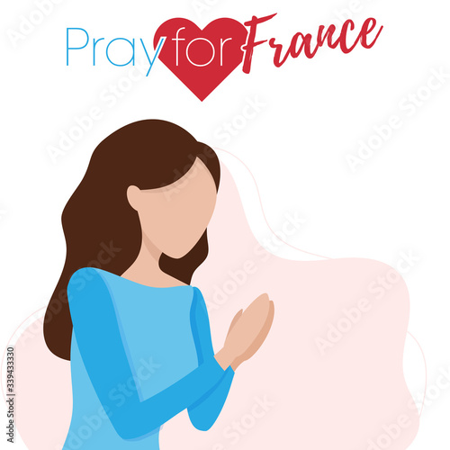 Covid-19 virus outbreak in France. Pray for France, Coronavirus concept. Woman praying for. Vector illustration.