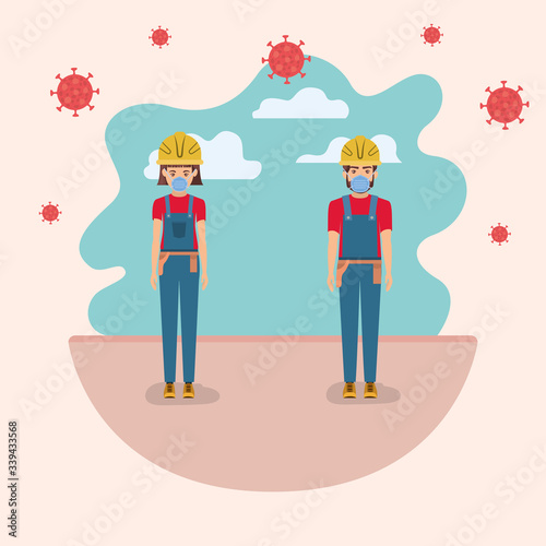 Women builders with masks and helmets against 2019 ncov virus vector design