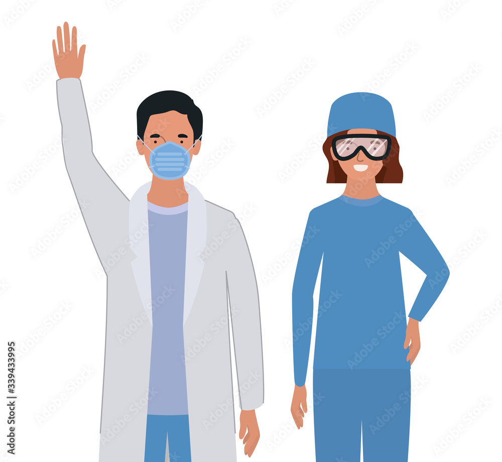 Man and woman doctor with uniforms mask and glasses vector design