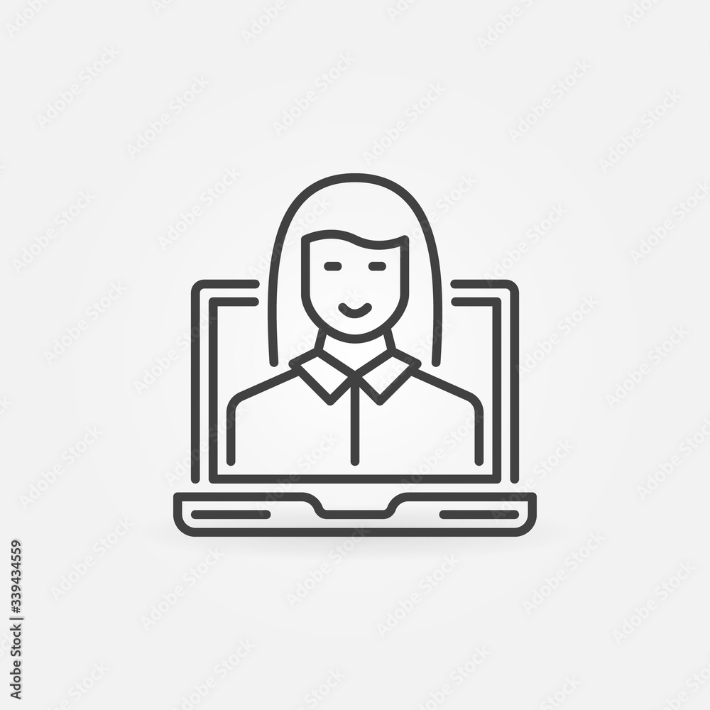 Laptop with Woman linear icon. Vector Female Influencer concept sign