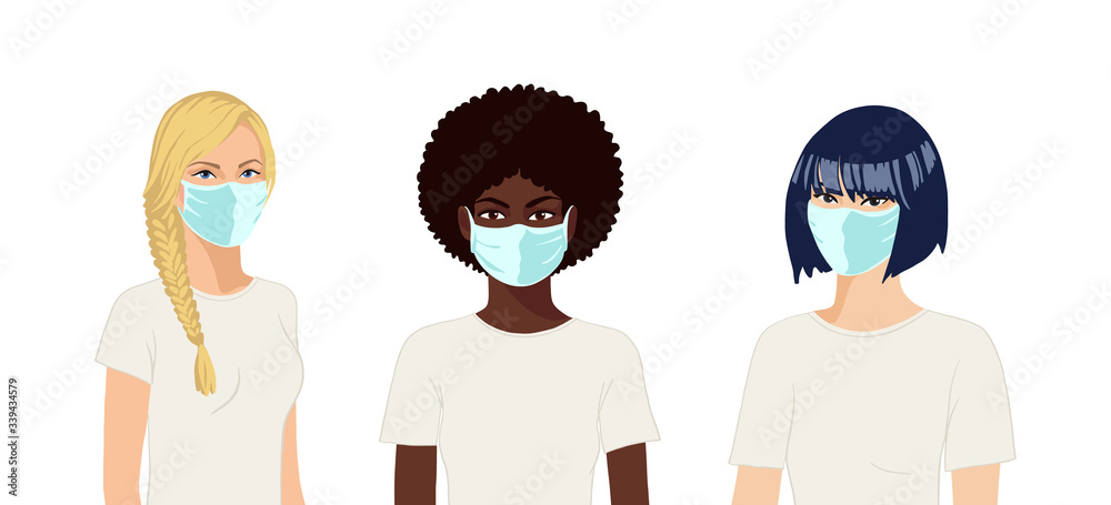 Fototapeta premium European, african, asian women with medical masks. Coronavirus protection concept. Realistic female group portrait on white background. Flat hand drawn vector illustration.