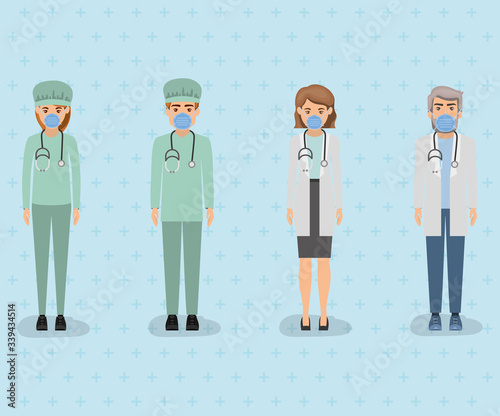 Women and men doctors with masks and uniforms against 2019 ncov virus vector design