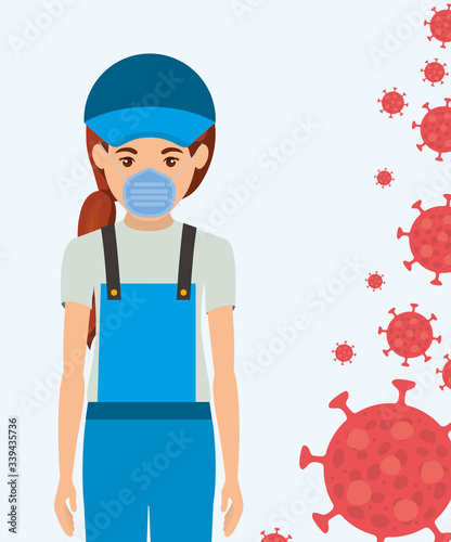 Woman gardener with mask against 2019 ncov virus vector design