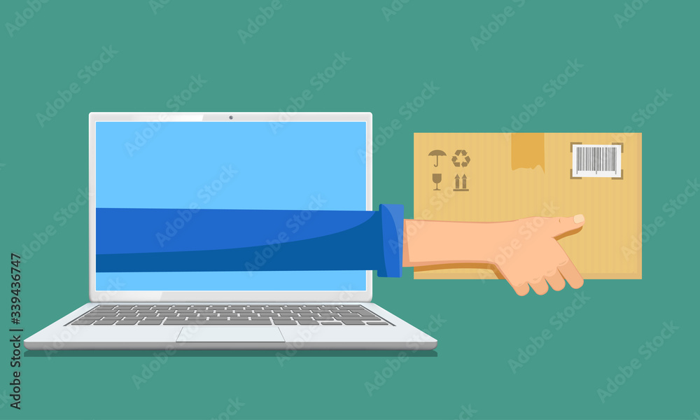Courier holding a paper box parcel in his hands. Courier holding a paper box parcel in his hands.