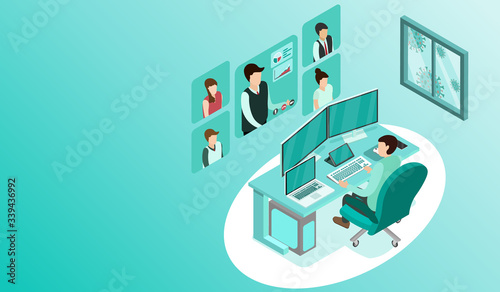 Man working with pc at his work desk with video conference, Working from home, Outside window is virus cells, programmer, business analysis, designer, freelancer, Isometric COVID-19 vector.