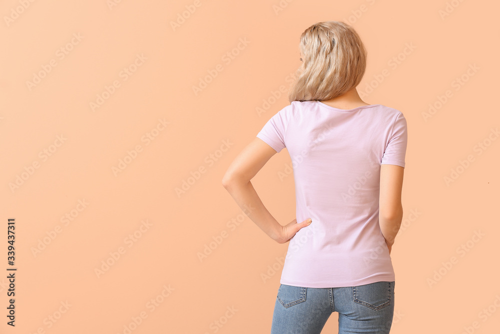 Woman in stylish t-shirt on color background Woman in stylish t-shirt on color background