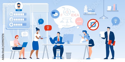 Creative Idea New Project Discussion in Office after Covid19 Pandemic. Businesspeople Meeting. Leader Boss Chief and Employee at Work. Information Exchange, Problem Solving. Dialogue Speech Bubble