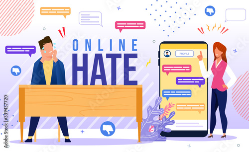Online Hate, Discrimination, Bulling in Internet, Psychological Pressure, Blaming, Aggression in Social Network Concept. Man, Woman Characters Worried Because of Haters Trendy Flat Vector Illustration
