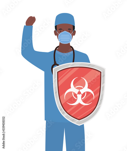 man doctor hero with shield against 2019 ncov virus vector design