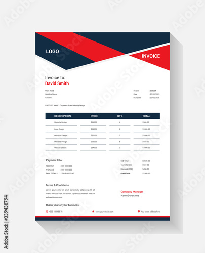 Corporate business invoice design for accounting agency with red & dark blue color vector template 